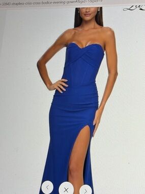 La Femme Strapless Cobalt Blue Sweetheart Gown with High Slit